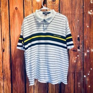Polo Sport by Ralph Lauren, Size large, 100% cotton, white with navy stripes.